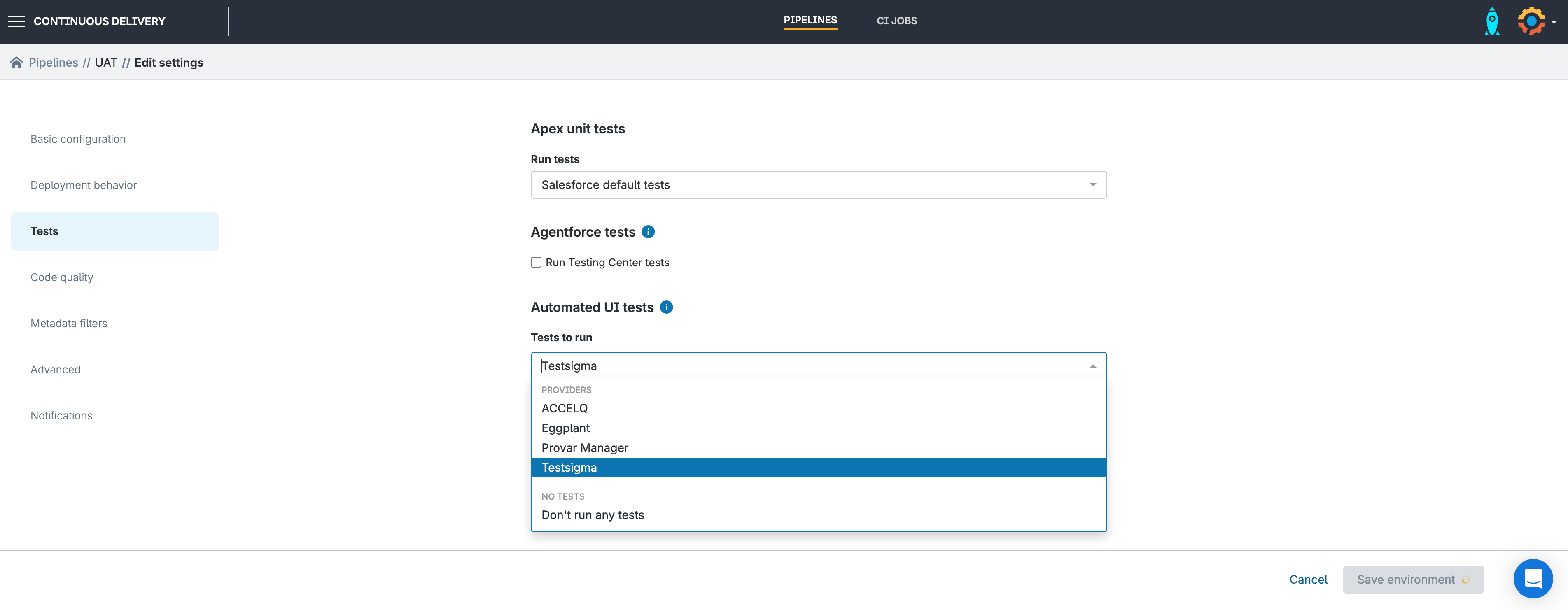 A screenshot showing the Gearset UI and the dropdown selection for connecting automated UI tests