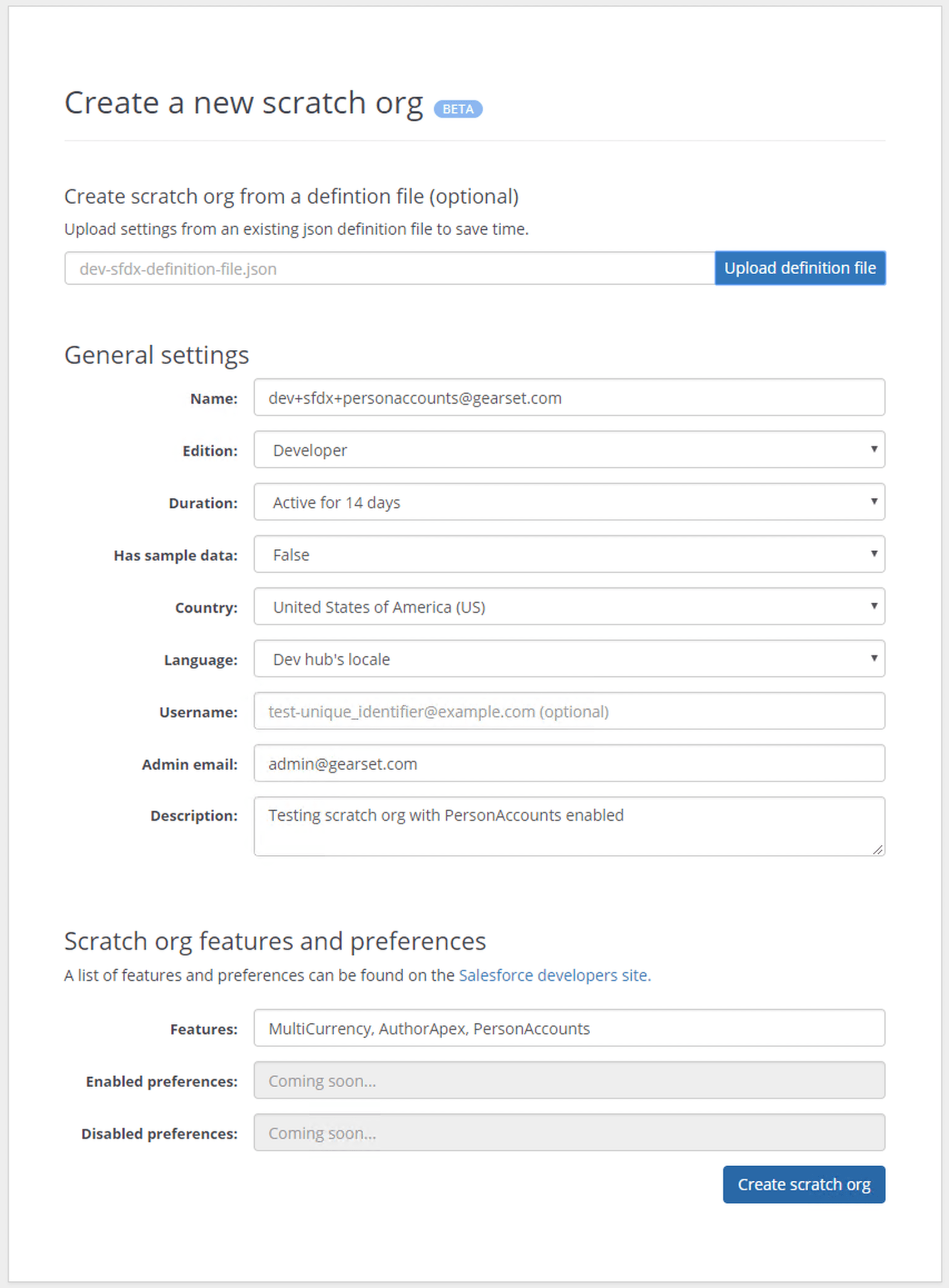Upload your definition file and Gearset will automatically fill in the settings for your new org.