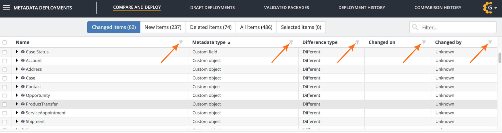 Filtering the list of metadata items