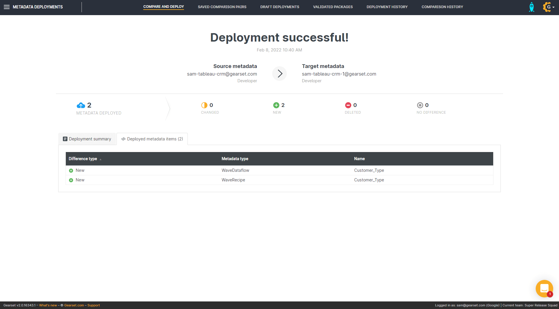 The deployment success page in Gearset