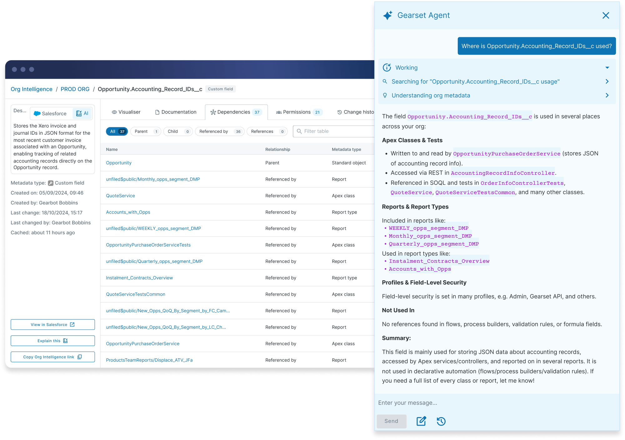 Org Intelligence user interface showing dependencies of a custom field, with an AI agent panel explaining where the field is used across the org